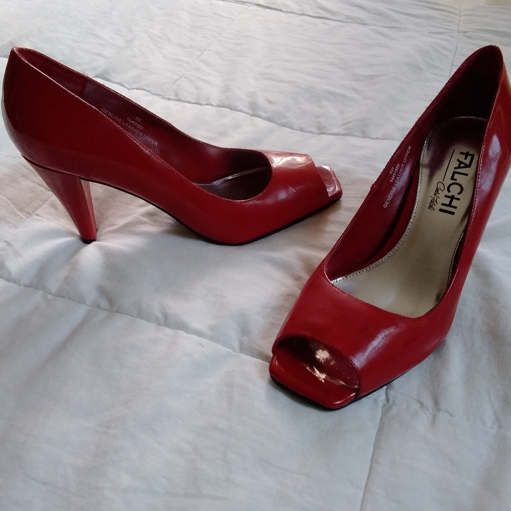 red patent leather open-toe 3 inch heels